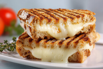 Side view of a grilled panini sandwich with melted cheese oozing out, on a clean white plate with a blurred background 