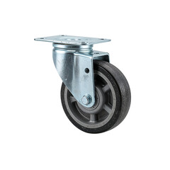 Industrial swivel caster wheel with metal bracket on white background and copy space