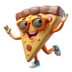 Happy cartoon pizza slice character wearing sunglasses and running with excitement
