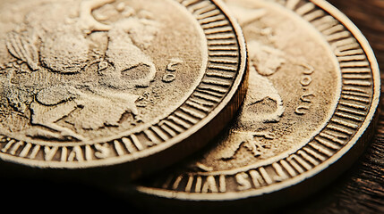 Close-up of two stacked coins, exhibiting detailed relief engravings of a creature, likely an animal,  and textured surfaces