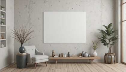 Interior scene with a blank canvas, armchair, plants, and wooden accents.