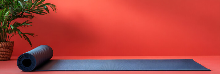 yoga mat and various yoga accessories set up in a peaceful home studio wide banner - red background