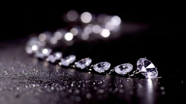 Shiny diamond gemstones and precious crystal jewels arranged elegant rows and curved lines black reflective surfaces, sparkling with brilliance, luxury, glamour, and clarity, showcasing ultimate