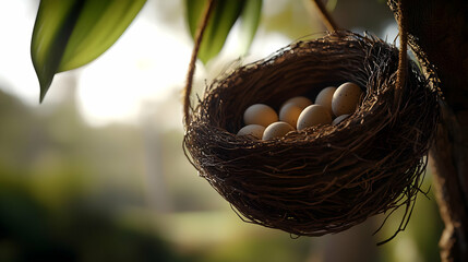 Nest filled with eggs hangs from a tree.  Soft light highlights the eggs and nest