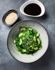 Wakame seaweed salad with cucumber slices, sesame seeds, and soy sauce in a modern bowl on a grey concrete surface.