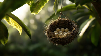 A small bird's nest, suspended from a tree, holds pale eggs. Sunlight filters through the foliage