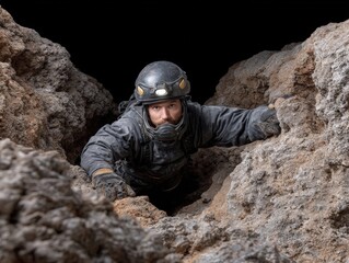 Caver in Action with Helmet Utilizing Action Camera in Cave Environment