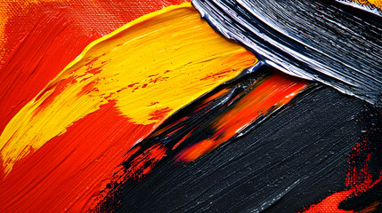 Bold strokes of vibrant red, yellow, and black paint.  Close-up view of thick impasto texture, displaying dynamic brush marks and color mixing