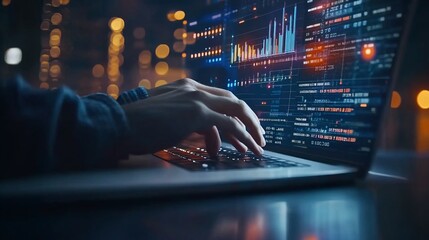 Person working on a laptop at night, illuminated by glowing data visualizations