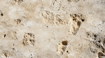 Close-up of weathered dirty beige concrete surface with small cracks and tiny holes showing texture and aging