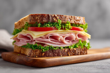 Close-up of a fresh deli sandwich with layers of ham, cheese, lettuce, and tomato on whole grain bread, placed on a wooden board