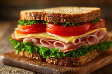 Close-up of a fresh deli sandwich with layers of ham, cheese, lettuce, and tomato on whole grain bread, placed on a wooden board