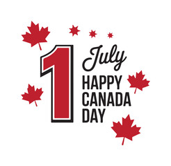 July 1st Happy Canada Day Typography with Maple Leaves and Stars