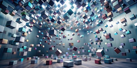 Obraz premium An Enigmatic Chamber Filled with Suspended Cubes, a Multifaceted Abstract Installation in a Modern Setting