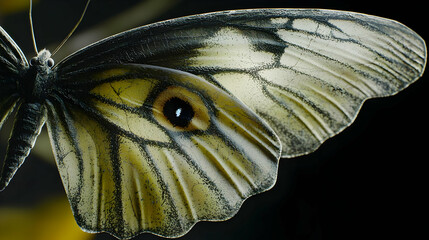 Close-up of a butterfly wing, showcasing intricate patterns of pale yellow and dark gray.  Detailed vein structure and a single eye-spot are visible