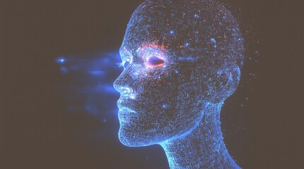 Big data and artificial intelligence concept. Machine learning and cyber mind domination concept in form of women face on dark blue technology background, 3d illustration