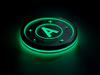 Futuristic glowing green letter a on a dark metallic surface