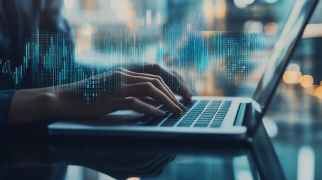 Person working on a laptop with financial data overlay