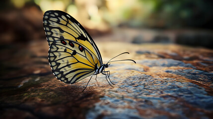 A butterfly rests on a rock, wings spread wide, showcasing intricate patterns of yellow and black.  Soft sunlight bathes the scene