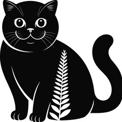 Black Cat with Leaf Pattern Silhouette, Cute Feline Pet Graphic, Nature-Inspired Animal Design, Whimsical Character for Adobe Stock, Minimalist Black and White Illustration, Charming Domestic Cat Art.