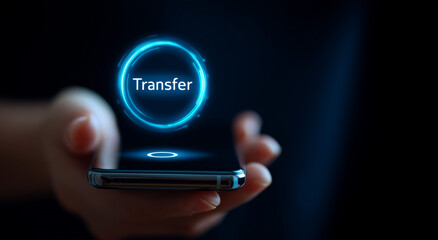 Smartphone displaying a glowing transfer icon with a hand holding the device