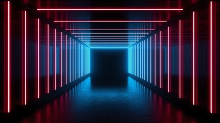 Fototapeta premium Background of empty show scene. Empty dark modern abstract neon background. Glow of neon lights on an empty stage, diodes, rays and lines. Lights of the night city
