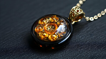Amber glass pendant with intricate gold filigree.  A round, amber-colored glass pendant showcases a detailed, gold-hued filigree design. 