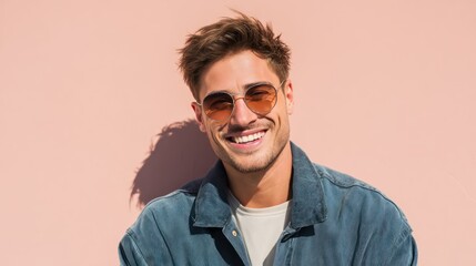 Fototapeta premium Cheerful young man wearing stylish sunglasses smiling brightly with confident expression, light pastel background, sunny vibe, modern casual fashion