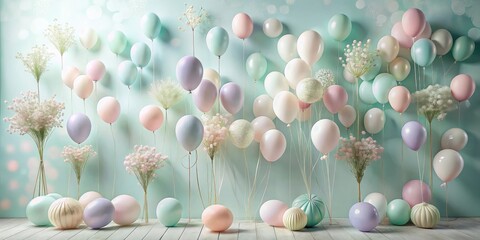 Obraz premium Pastel Balloons and Delicate Flowers Create a Dreamy Festive Background