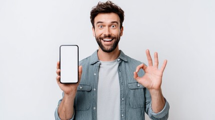 Excited man holding modern smartphone with blank display and showing okay hand symbol, casual clothing, studio-lit white setting