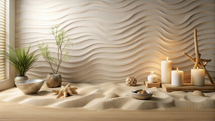 Serene Coastal Sanctuary Sand, Candles, and Plants in a Relaxing Interior Setting