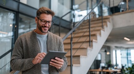 Male interior designer using digital tablet on staircase inside stylish office, casual businesswear, bright modern workspace, innovation vibe