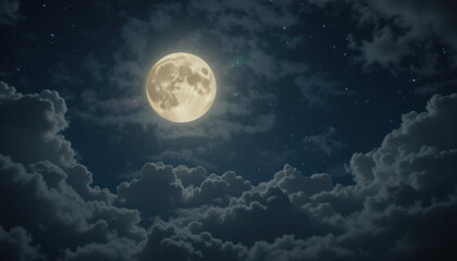 Fototapeta premium A bright full moon shines brightly in a dark, cloudy night sky.