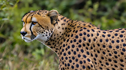 Cheetah in profile, looking alert.  Spotted coat, focused gaze.  Natural habitat backdrop