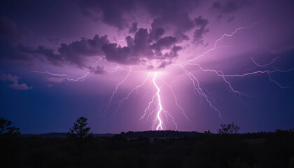 A dramatic lightning strike illuminates the dark, stormy sky above the landscape.