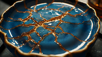 Cracked blue ceramic dish with gold detailing.  A close-up view showcases the intricate patterns of the cracks, filled with a reflective liquid