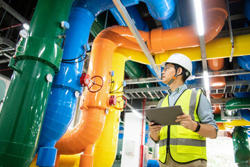 asian male engineer is working on a Cooling system pipeline
