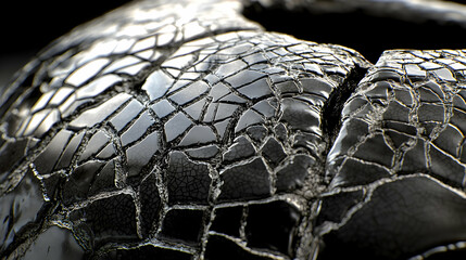 Close-up view of a cracked, dark object.  Detailed fissures and shards of a dark material