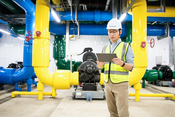 asian male engineer is working on a Cooling system pipeline