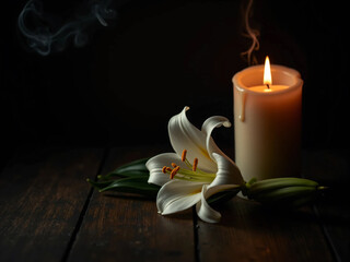 A single white lily in candlelight with wax dripping and soft shadows on dark wood, creating a dramatic composition with empty space for text, symbolizing quiet beauty and emotional stillness