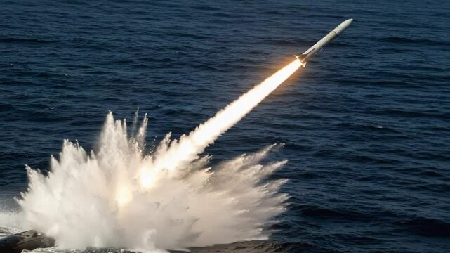 Missile launch from submarine creating ocean splash