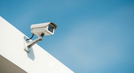 Outdoor surveillance camera on modern white building against clear blue sky, security CCTV system for safety monitoring, crime prevention, and property protection in urban environments