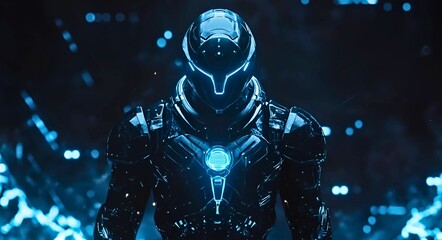 Fototapeta premium A futuristic armored warrior with glowing blue accents stands in a dark atmospheric environment with bokeh lights exuding power and advanced technology