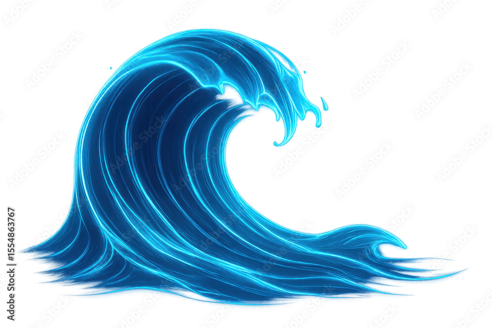 Poster glowing blue wave cresting with luminous highlights, transparent backdrop creating dynamic visual el