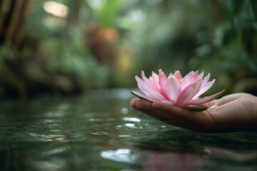 Beautiful lotus flower resting on a person’s hand extended over water, green tropical forest blurred behind