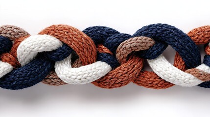 Close-up of dark blue, white, terracotta braid with knitted fabric texture on plain black velvet background. Flat lay perspective showcases design elements.
