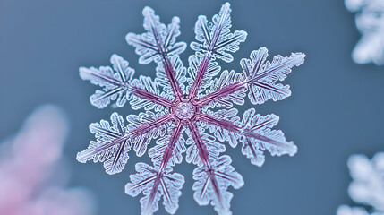 Detailed close-up of a stunning, intricate snowflake with delicate, symmetrical ice crystal patterns.  Pale pinkish-red hues highlight the center and intricate branches