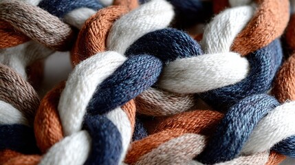 Close-up of dark blue, white, terracotta braid with knitted fabric texture on plain black velvet background. Flat lay perspective showcases design elements.