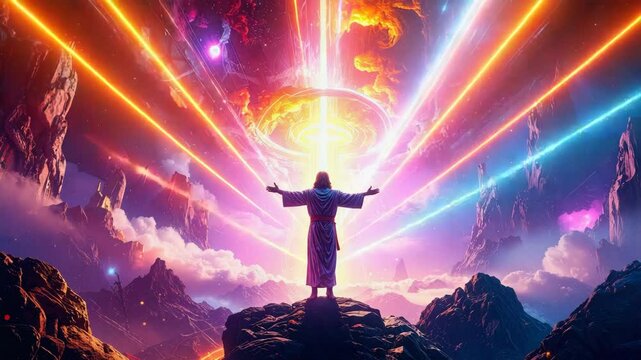 Jesus christ welcoming the apocalypse with open arms from the top of a mountain.
