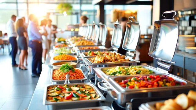 Catering Buffet Line with Hot Food in Chafing Dishes, People Networking in Blurred Background at Corporate Event. Business Lunch, Conference. Video Footage. 